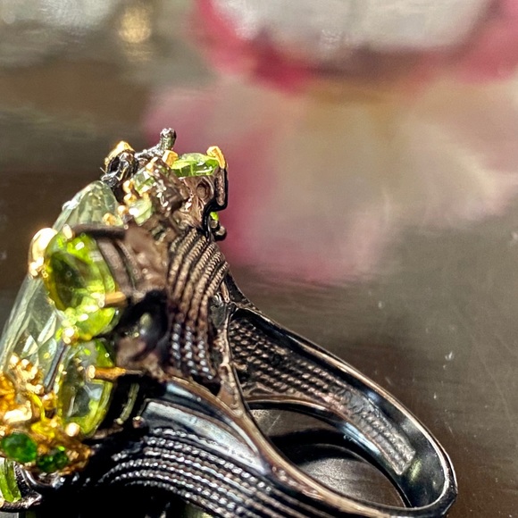 Intricate Genuine Green Amethyst Ring with Gems - Picture 9 of 17